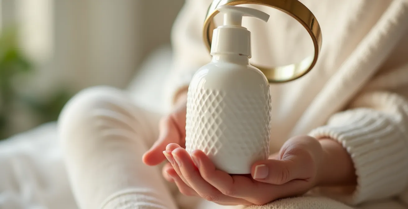 Close-up of hands examining a baby product label with magnifying glass showing ingredient list