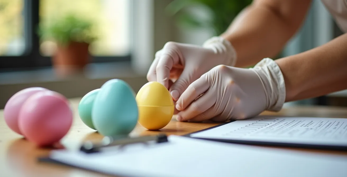 Close-up of hands inspecting plastic Easter eggs at a safety checking station