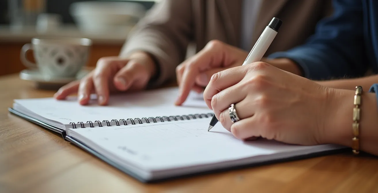 Couple reviewing recovery schedule together at kitchen table