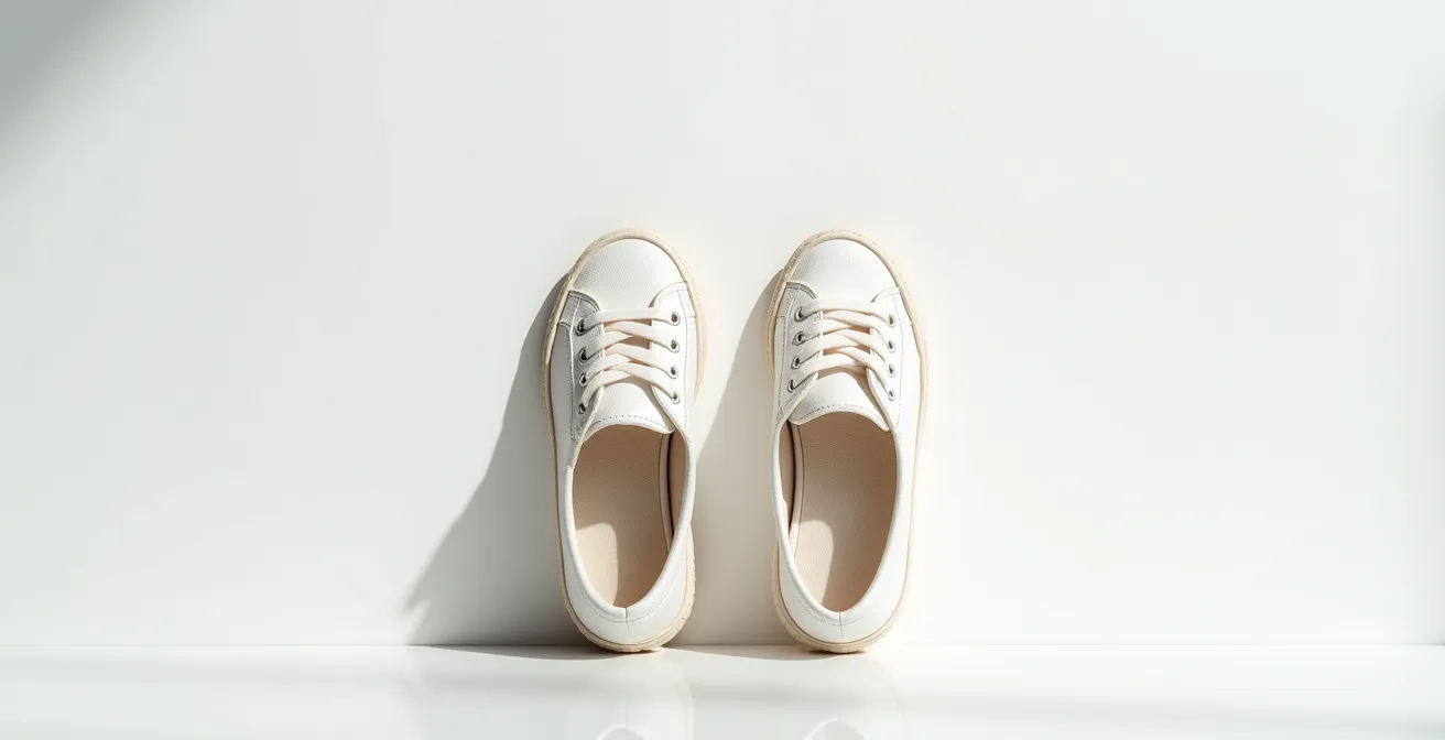 Side-by-side comparison of new and worn toddler shoe soles showing wear patterns