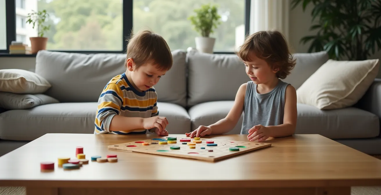 Two siblings of different ages engaged in strategic board game with visible adaptations