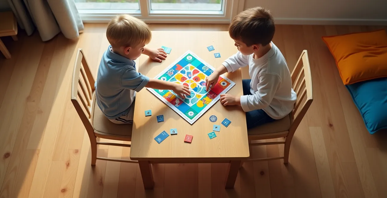 Two children of different ages collaborating on a board game with differentiated roles