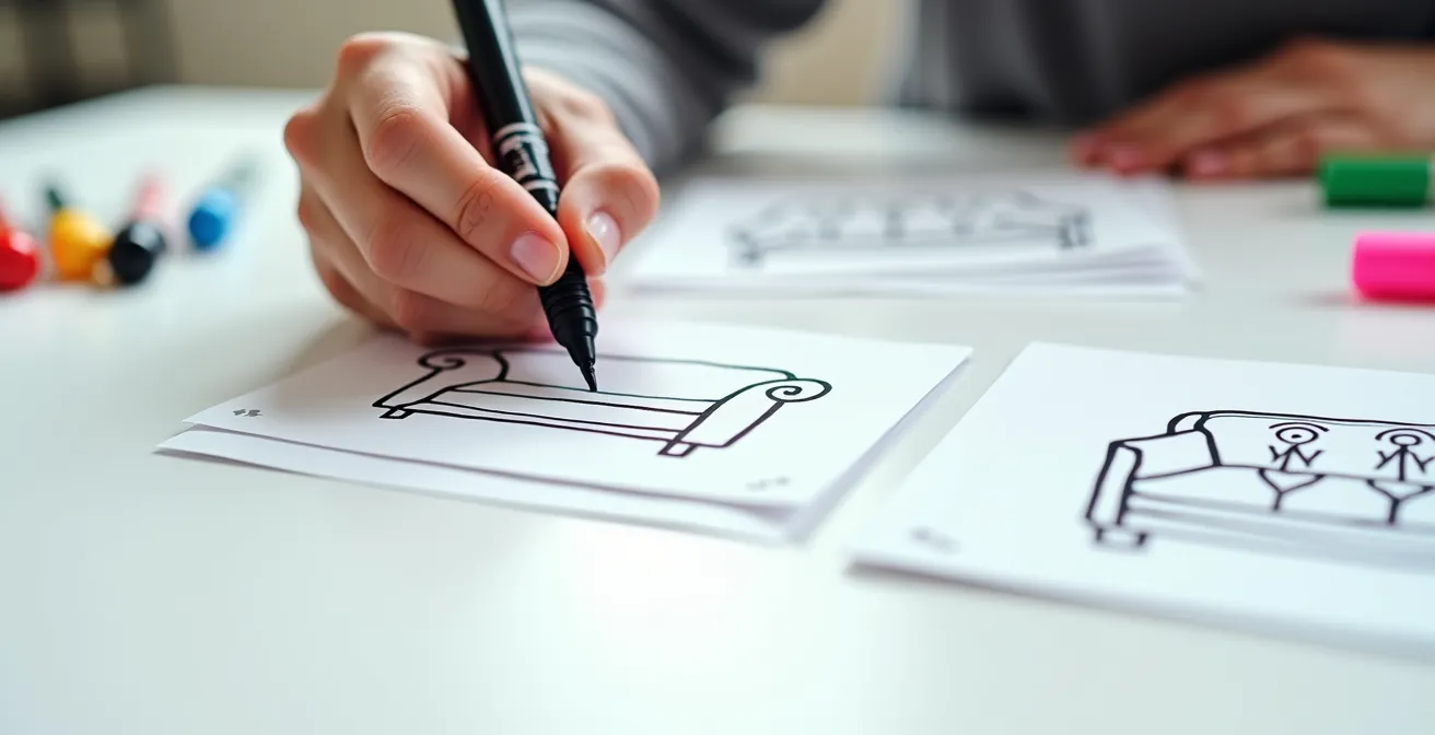 Hand-drawn simple picture clues for preschool scavenger hunt showing progression from literal to abstract