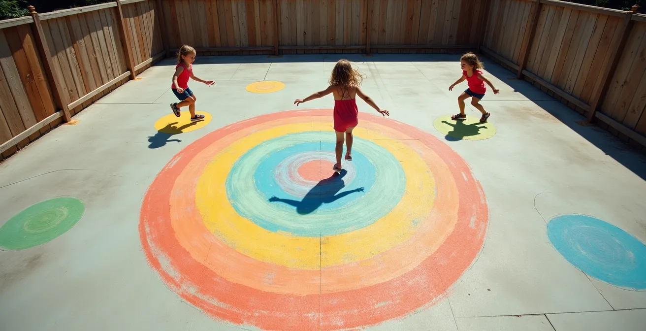 Children jumping between colorful chalk circles in a small paved area