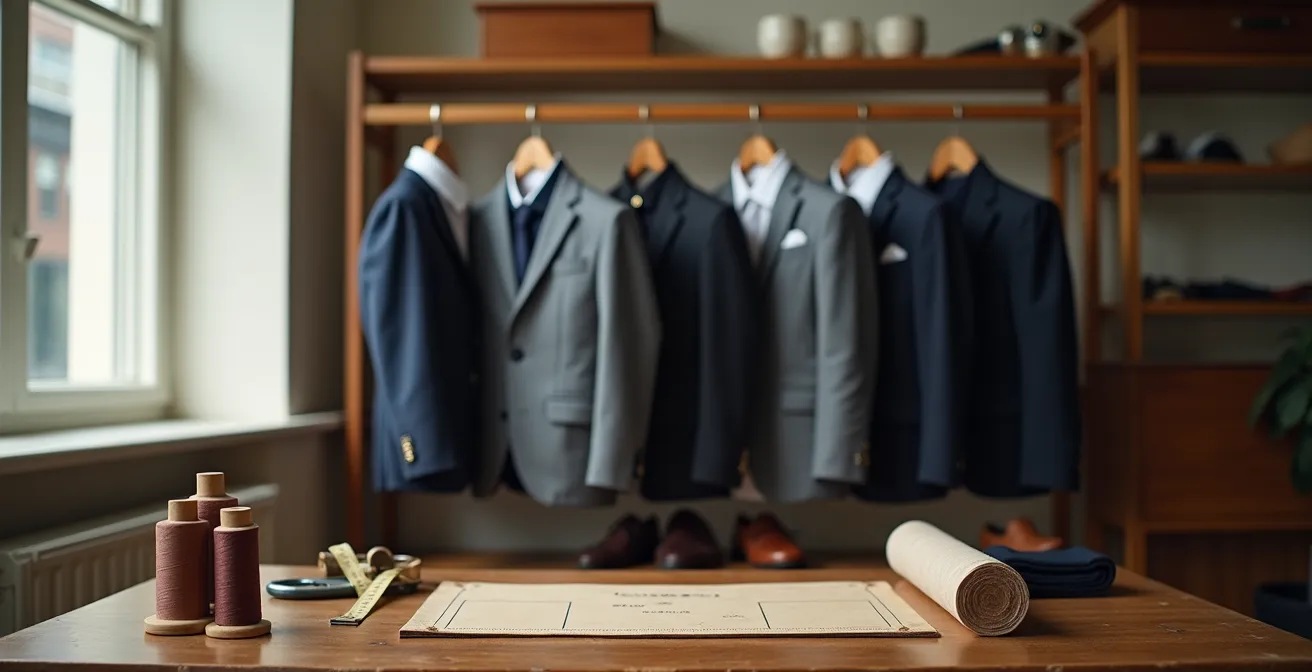 Wide shot of professional tailor shop with children's formal suits on display
