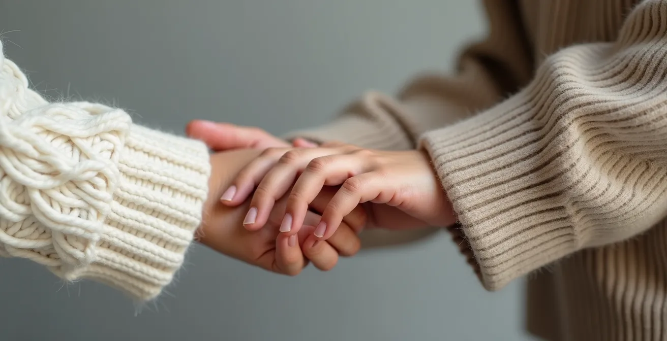 Close-up of contrasting knit and cotton textures on sibling outfits under studio lighting