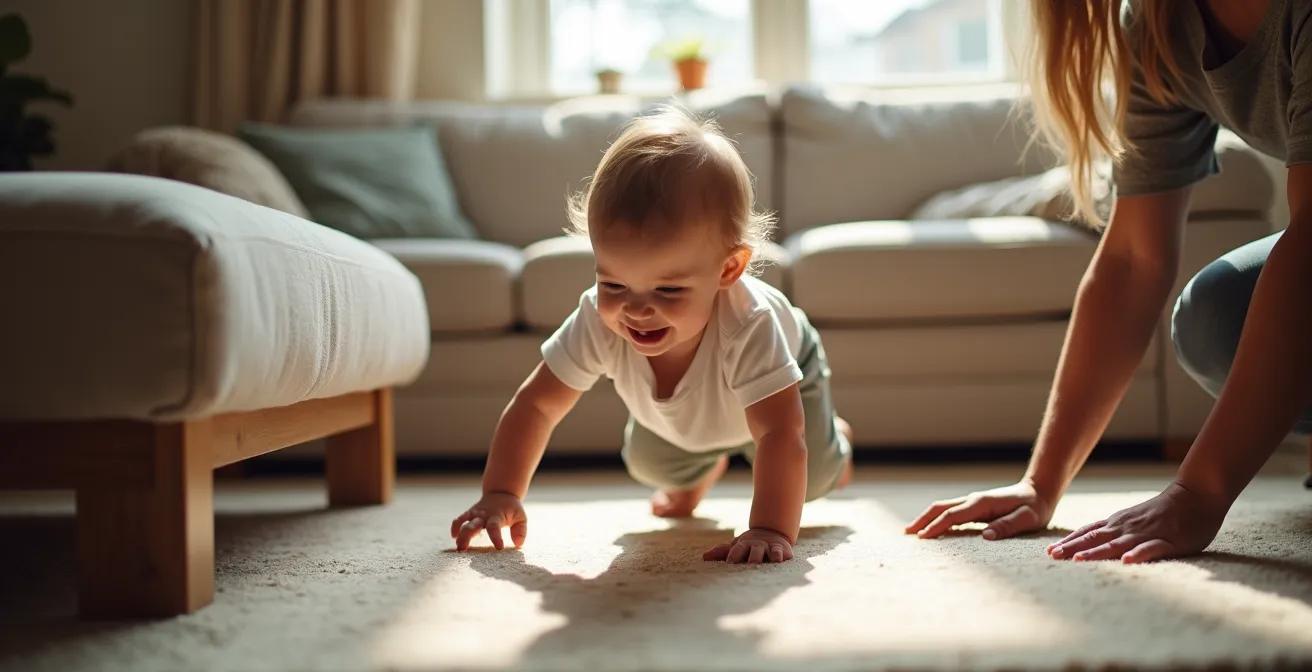 Wide-angle view of a toddler crawling through a purposefully arranged living room with low furniture creating safe exploration pathways.