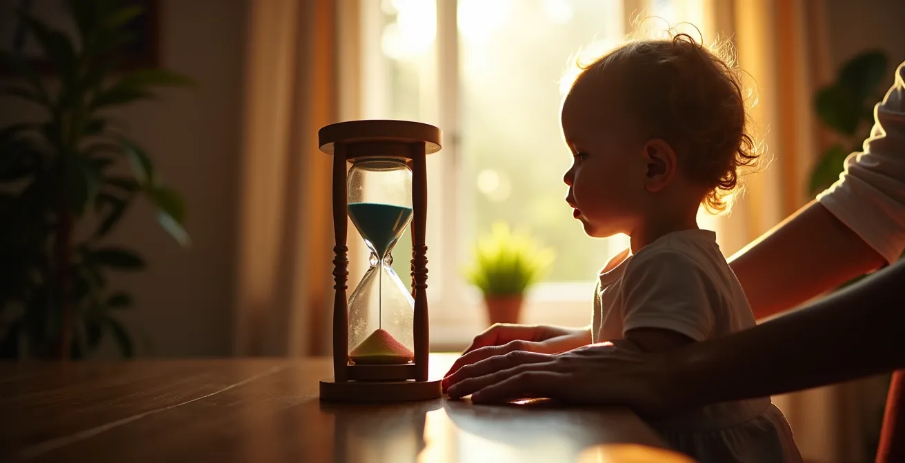 Toddler and parent engaged in a playful waiting game with colorful timer in cozy home environment