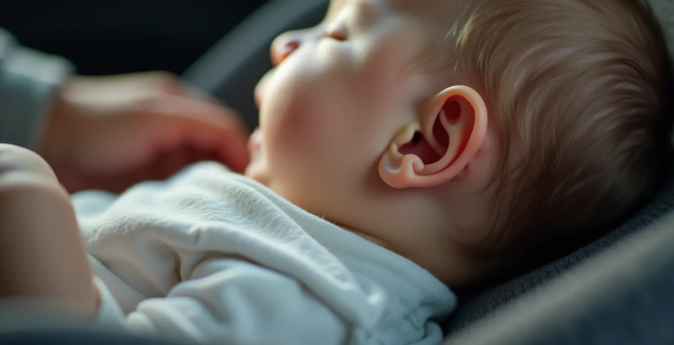 Close-up demonstration of checking baby's neck temperature in car seat