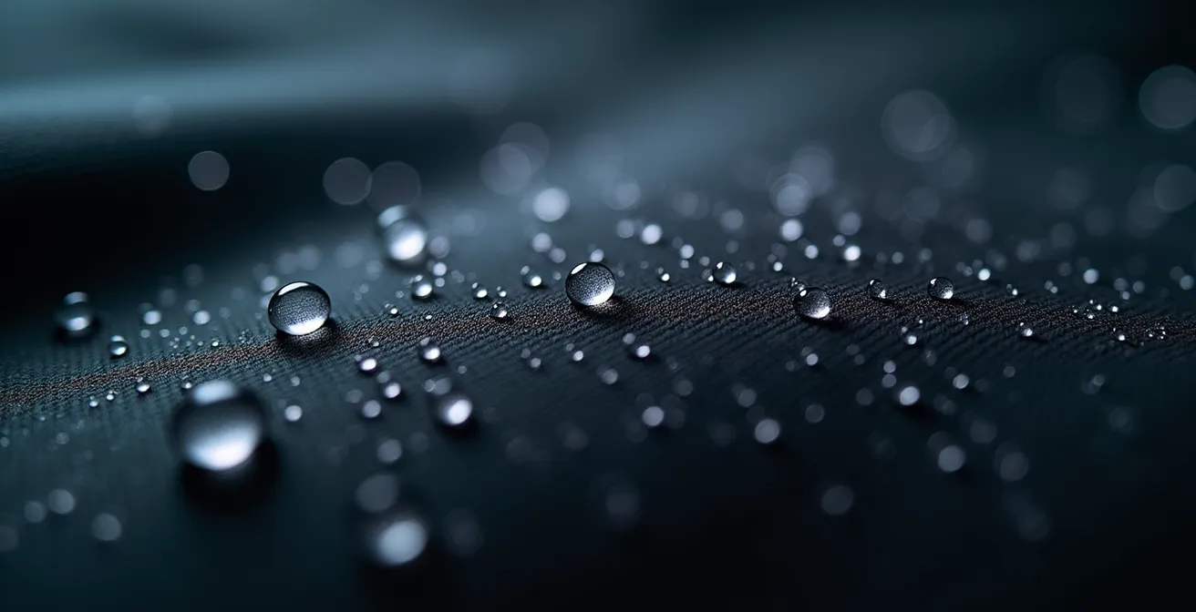Close-up of water droplets beading on DWR-treated fabric surface