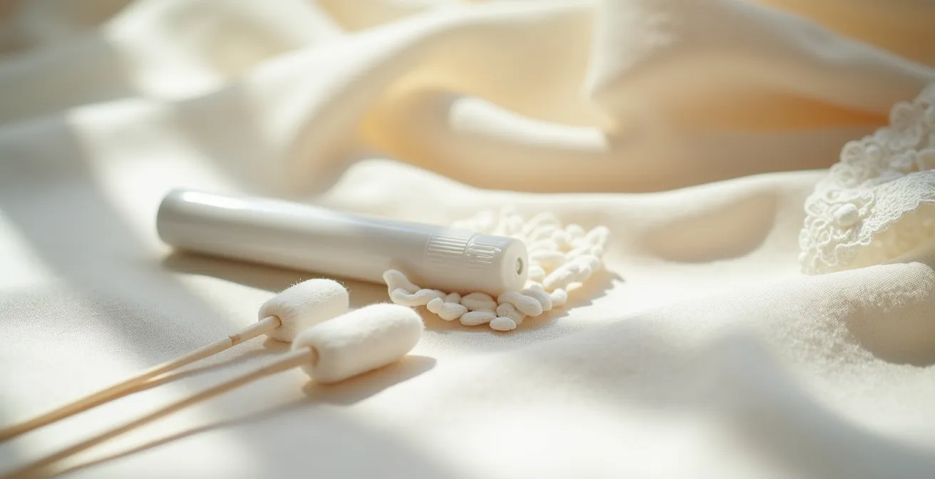 Close-up of wedding emergency kit items laid out on soft fabric